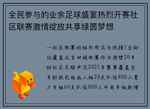 全民参与的业余足球盛宴热烈开赛社区联赛激情绽放共享绿茵梦想